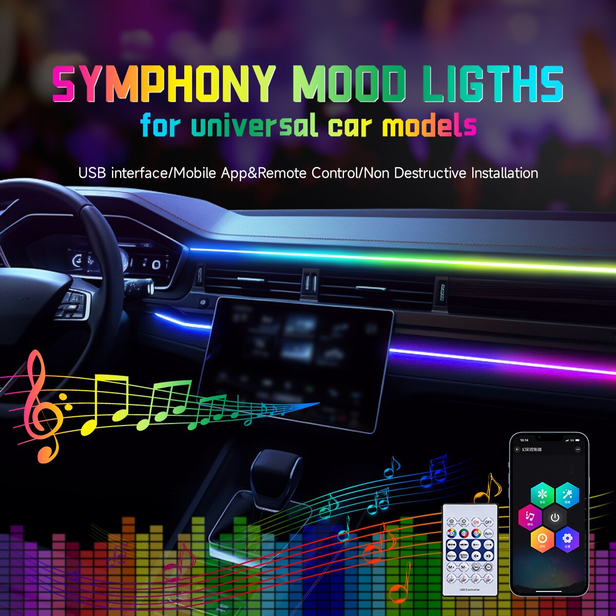 Led Ambient Interior Car Lights App Control - Tiras LED Acrílicas de 64 Colores