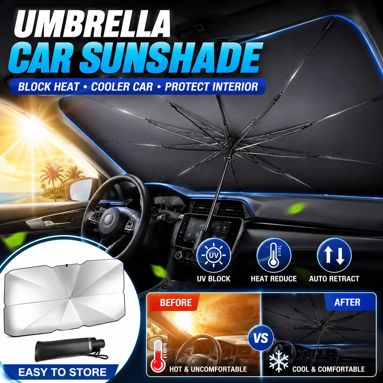 Parasol plegable para coche, v - Car Sunshade Windshield Umbrella Foldable reseña y precio