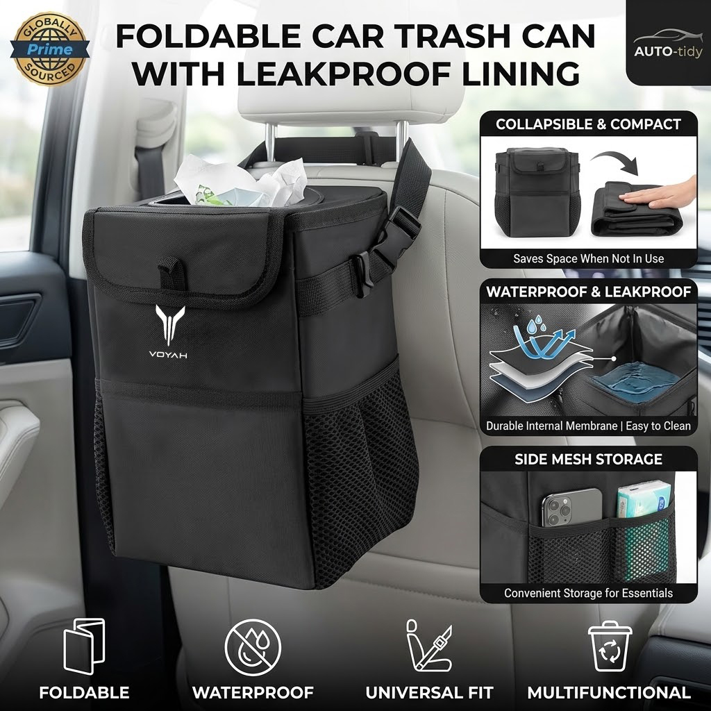 Cubo de basura para coche, ple - Waterproof Car Trash Can With Lid reseña y precio